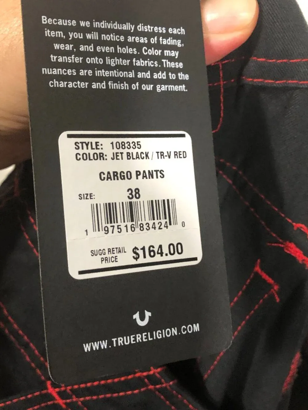 True Religion men black red seams cargo pants, size 38, NWT